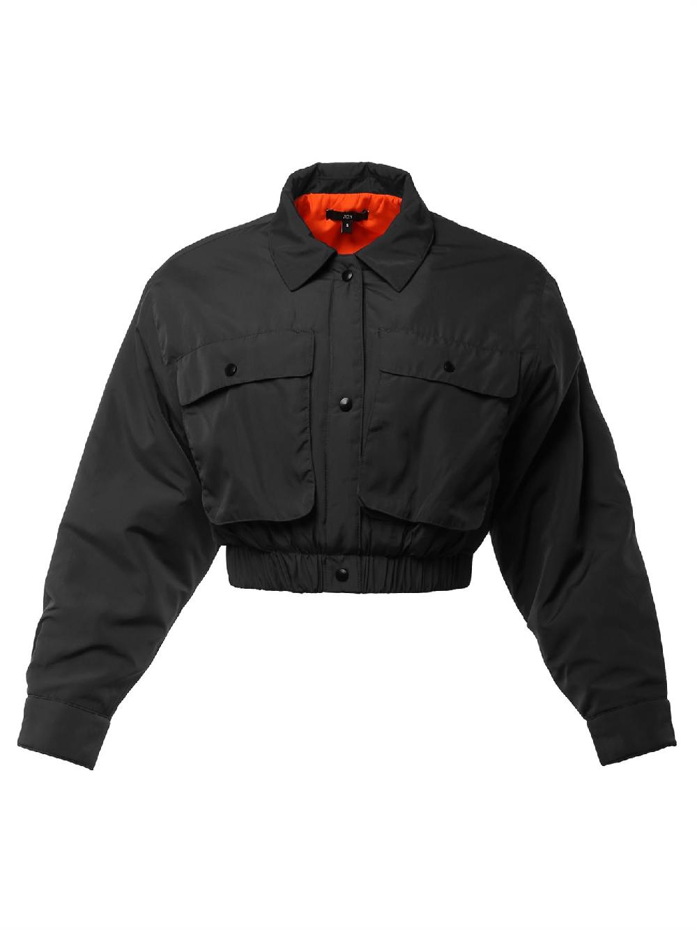 Cropped Front Two Pocket Snap Quilted Padding Bomber Jacket