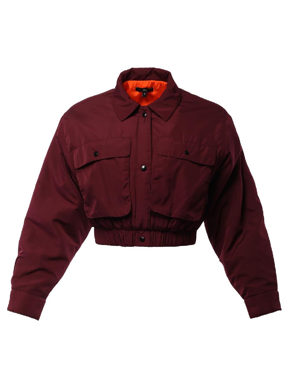 Cropped Front Two Pocket Snap Quilted Padding Bomber Jacket