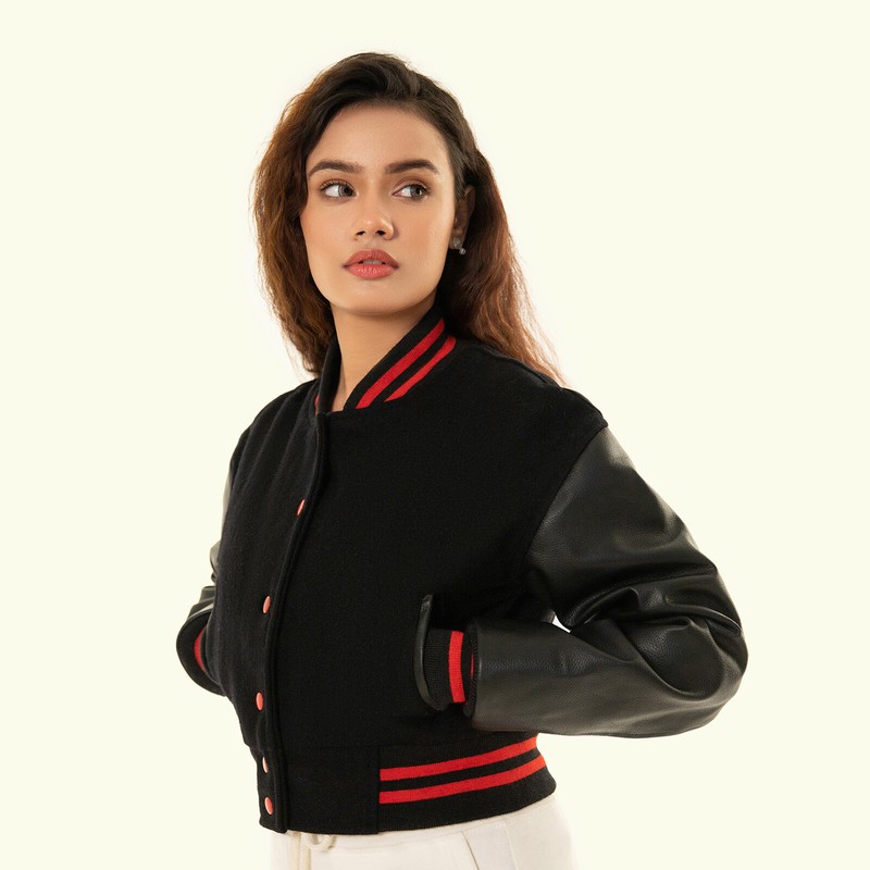 Cropped Jacket Varsity Letterman Crop Jackets For Women Wool Body Leather Sleeve