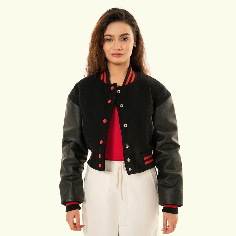 Cropped Jacket Varsity Letterman Crop Jackets For Women Wool Body Leather Sleeve