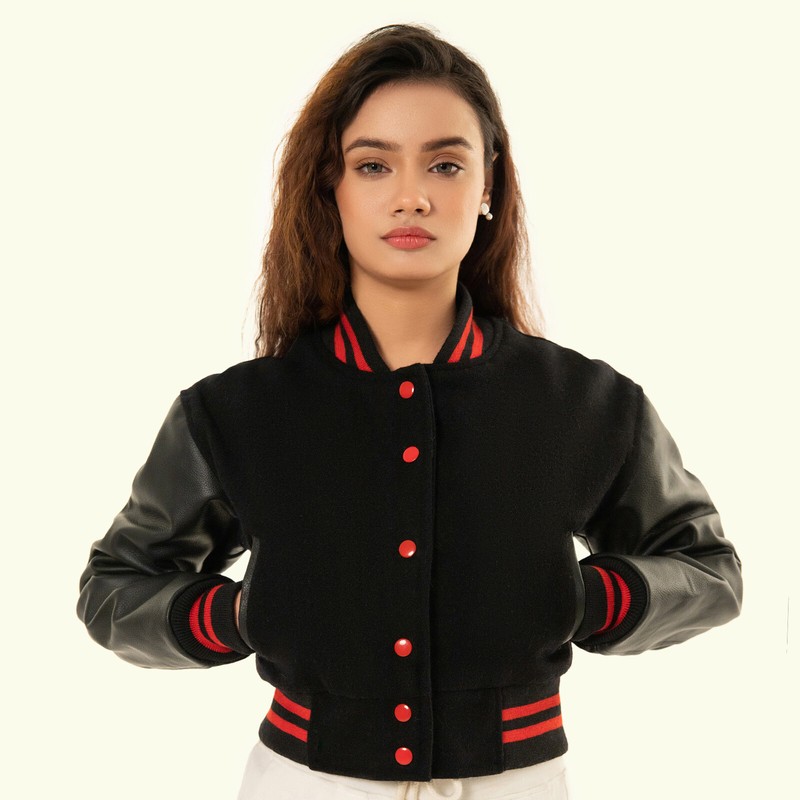 Cropped Jacket Varsity Letterman Crop Jackets for Women Wool Body Leather Sleeve