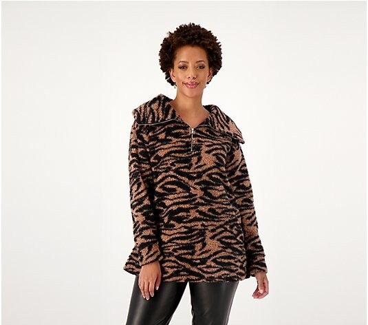 Cuddl Duds Curly Sherpa 1/2 Zip Pullover-Taupe Zebra-Medium A544625 NEW