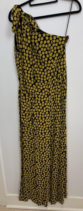 Cue Jumpsuit 12 Womens Black Yellow Polka Dot Off Shoulder Wide Leg Size 12