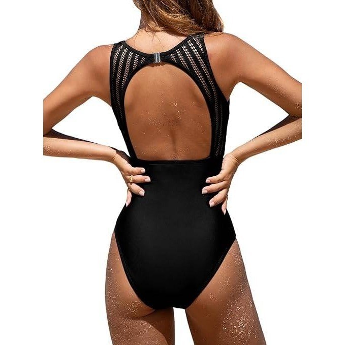 Cupshe Black One Piece Swimsuit Tummy Control Mesh Detail Womens M