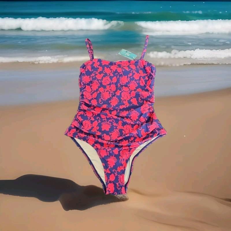 CUPSHE Women’s Blue/Fushsia Floral Print Lace-Up One-Piece Swimsuit Size Medium