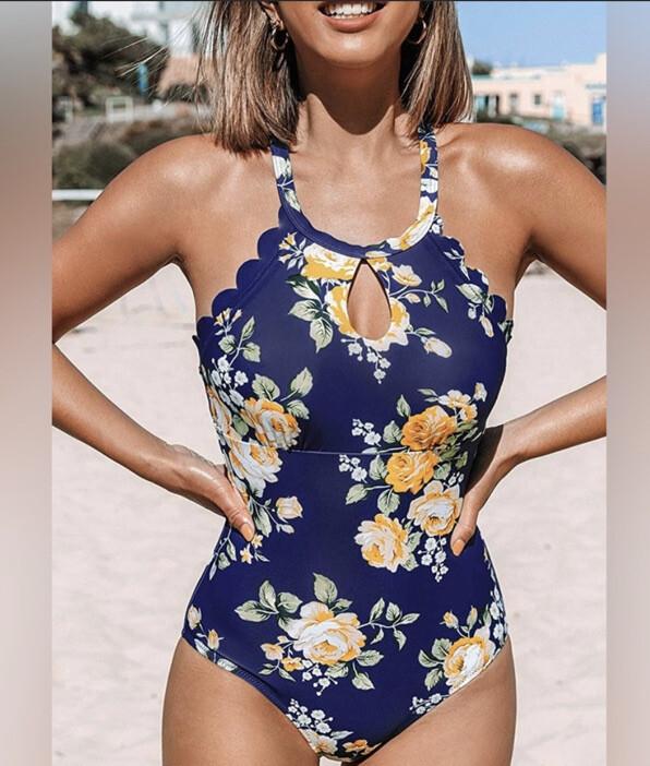 CUPSHE Women Sz L One Piece Swimsuit Key Hole Neck Floral Adjustable Straps