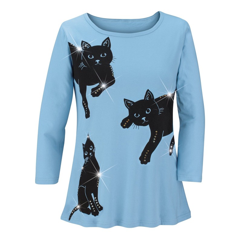 Curious Kitten Trio Sequin Accents 3/4 Length Sleeve Top