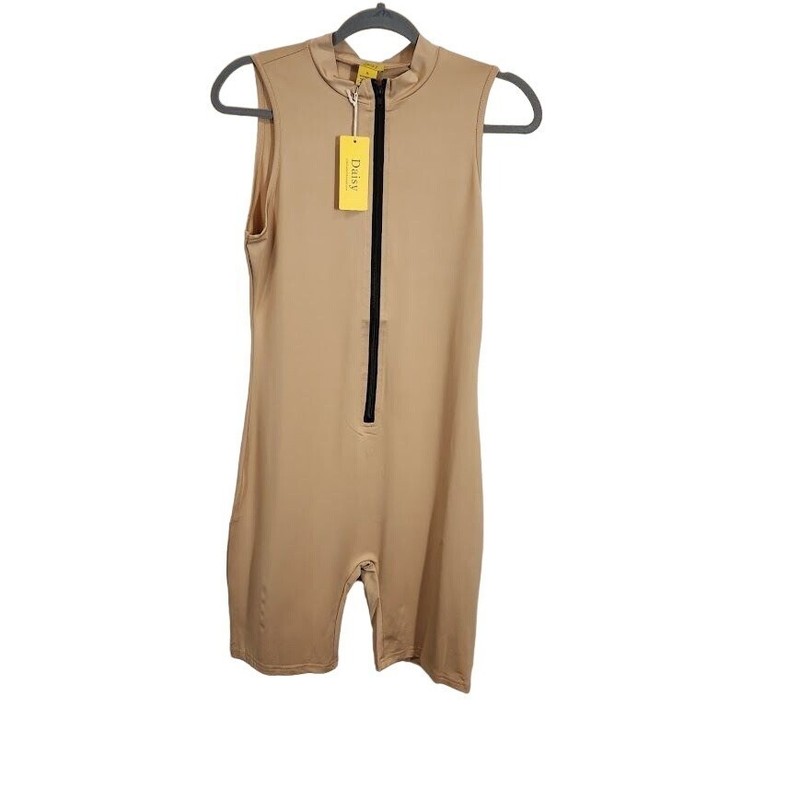 Daisy Zip Front Mock Neck Romper Taupe - Size Medium