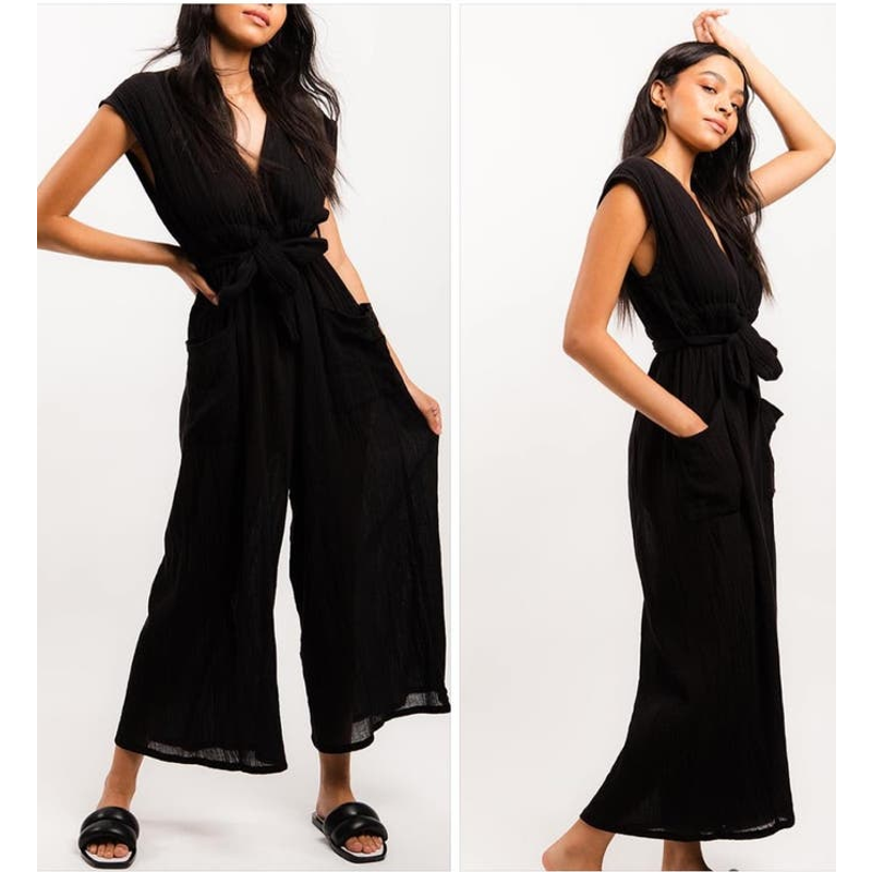 Dame Los Angeles Deep V Neck Wide Leg Cotton Gauze Jumpsuit Summer Favorite Sz S