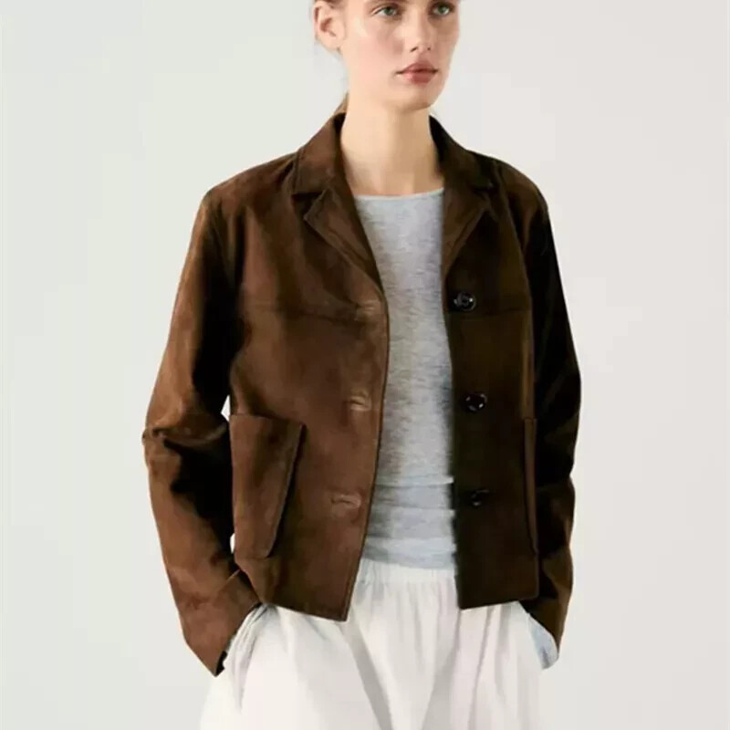 Dark Brown Suede Leather Coat for Women 100% Genuine Leather Handmade Coat NEW