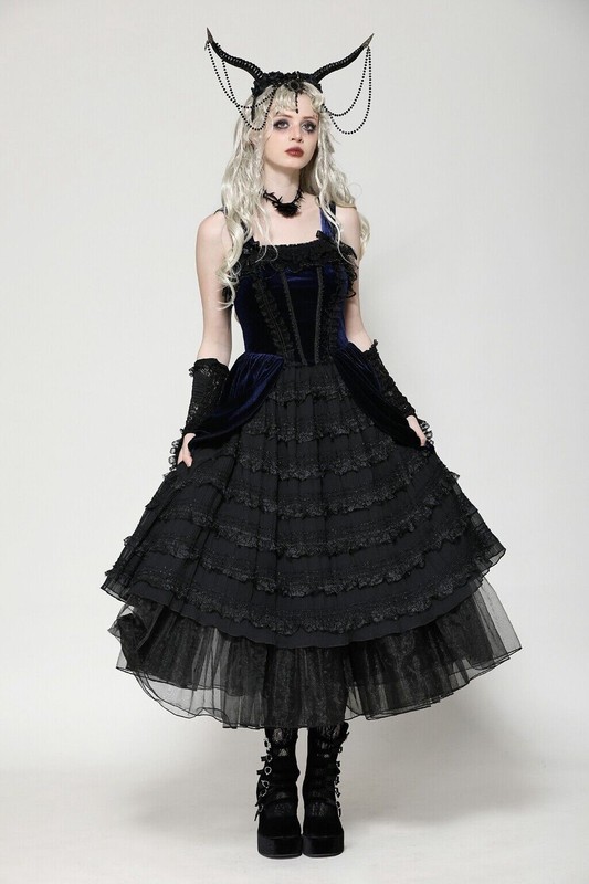 Dark In Love Black And Indigo Gothic Lace Trim Lolita Velvet Party Doll Dress