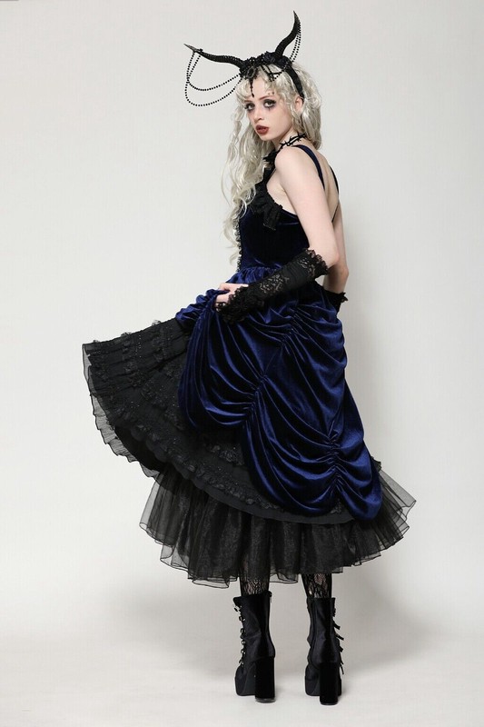 Dark In Love Black And Indigo Gothic Lace Trim Lolita Velvet Party Doll Dress