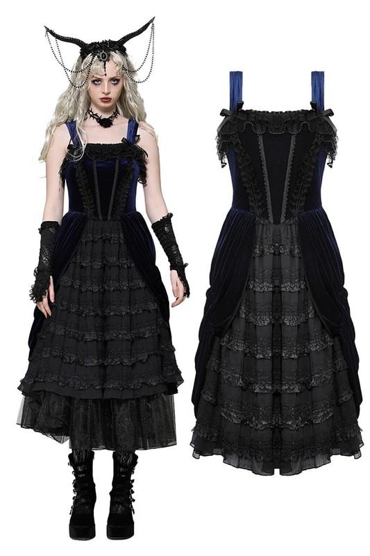 Dark In Love Black And Indigo Gothic Lace Trim Lolita Velvet Party Doll Dress
