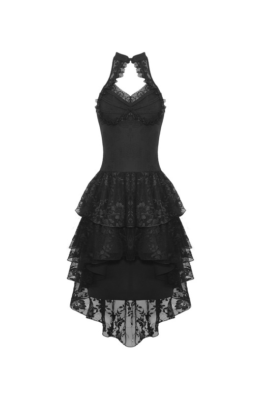 DARK IN LOVE Black Steampunk Sexy Gothic Halter High-Low Rose Lace Party Dress