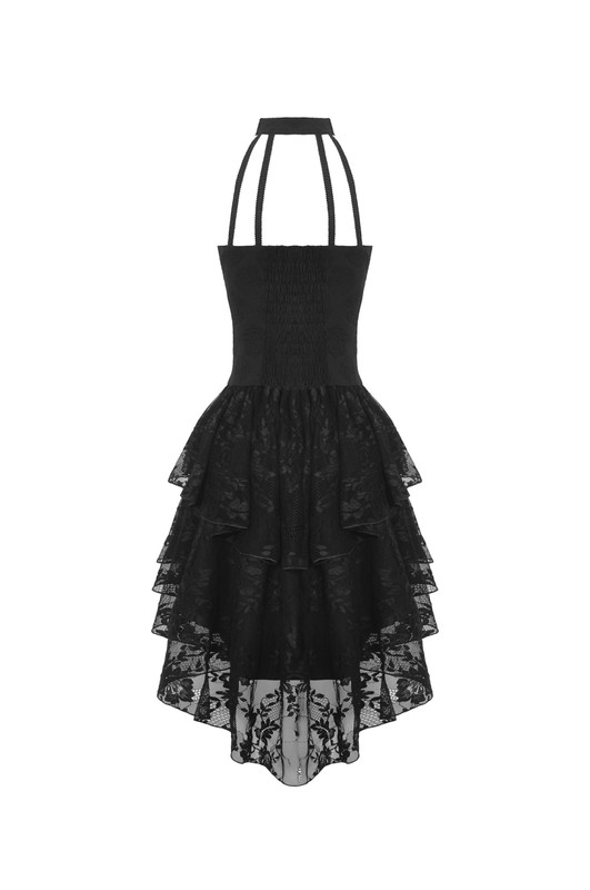 DARK IN LOVE Black Steampunk Sexy Gothic Halter High-Low Rose Lace Party Dress