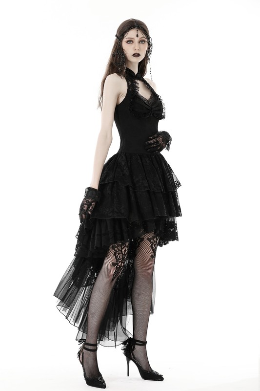 DARK IN LOVE Black Steampunk Sexy Gothic Halter High-Low Rose Lace Party Dress