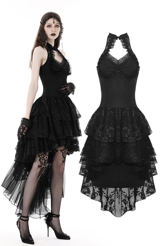 DARK IN LOVE Black Steampunk Sexy Gothic Halter High-Low Rose Lace Party Dress