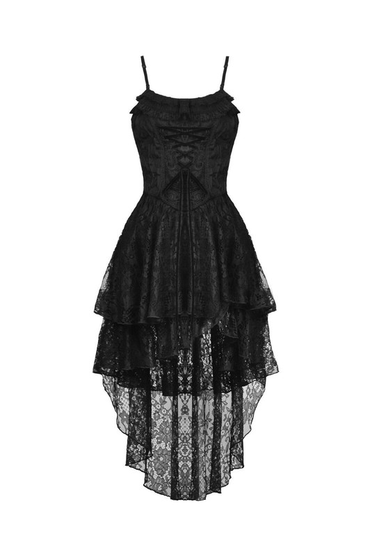 DARK IN LOVE Women Black Gothic Ghost Frilly Lace High-Low Strap Party Dress