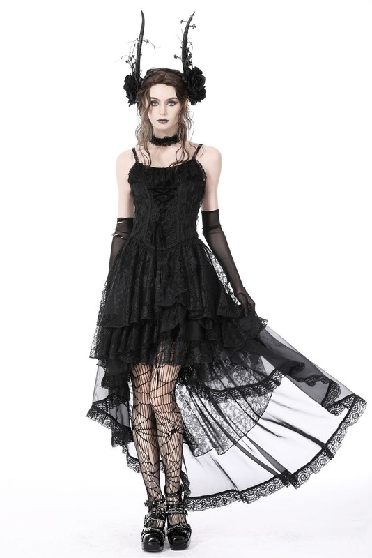 DARK IN LOVE Women Black Gothic Ghost Frilly Lace High-Low Strap Party Dress