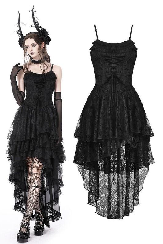 DARK IN LOVE Women Black Gothic Ghost Frilly Lace High-Low Strap Party Dress