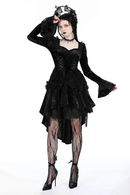 DARK IN LOVE Women Black Punk Gothic Retro Tasseled Dovetail Velvet Party Dress