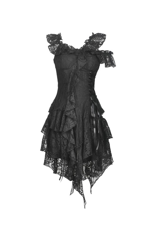 DARK IN LOVE Women Punk Gothic Off-The-Shoulder Lace Irregular Short Party Dress