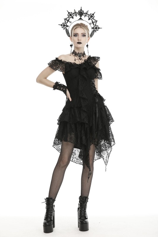 DARK IN LOVE Women Punk Gothic Off-The-Shoulder Lace Irregular Short Party Dress