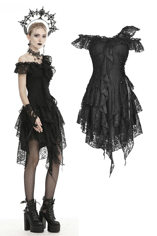 DARK IN LOVE Women Punk Gothic Off-The-Shoulder Lace Irregular Short Party Dress