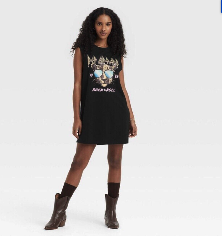 Def Leppard Graphic Tank Tee Shirt Dress Black Sz Medium Cat Rock And Roll Women