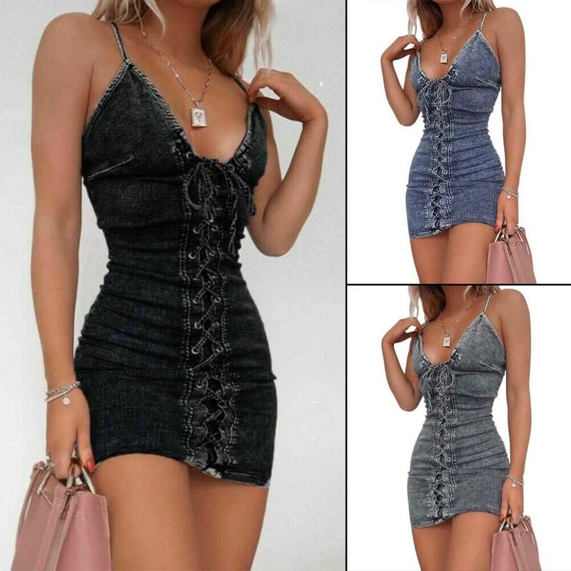 Denim Cami Ladies Elastic Stretch Bodycon Womens Causal Jean Mini Dress Skirt US