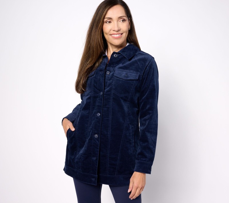 Denim & Co. Women's Jacket Sz L Stretch Velveteen Regular Long Blue A623550