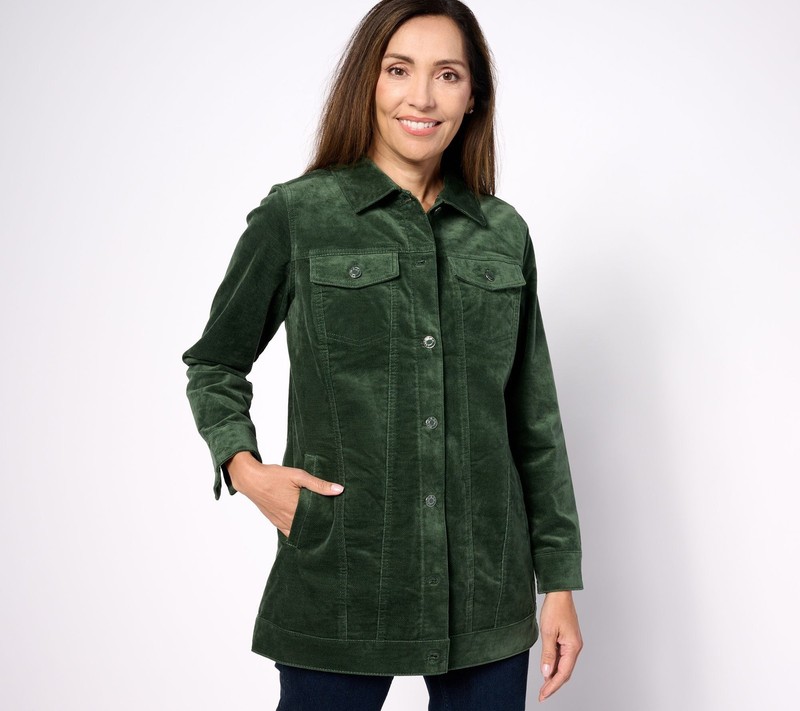 Denim & Co. Women's Jacket Sz XL Stretch Velveteen Regular Long Green A623550