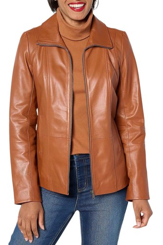 Denim & Co. Women's Lamb Leather Zip Front Seamed Jacket W/Pocket Tan