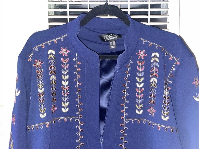 DENNIS BASSO Blue Multicolor Embroidered Floral Mandarin Collar Coat Jacket 22W