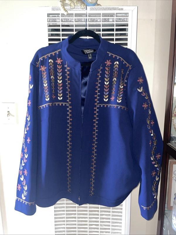 DENNIS BASSO Blue Multicolor Embroidered Floral Mandarin Collar Coat Jacket 22W