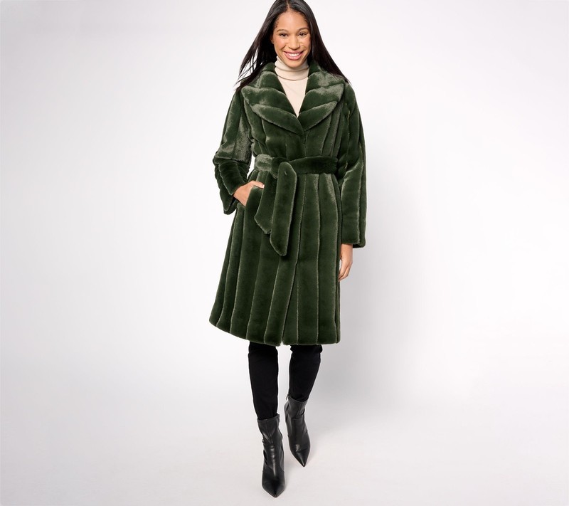 Dennis Basso Women's Jacket Sz L Faux Mink Coat with Shawl Collar Green A631579