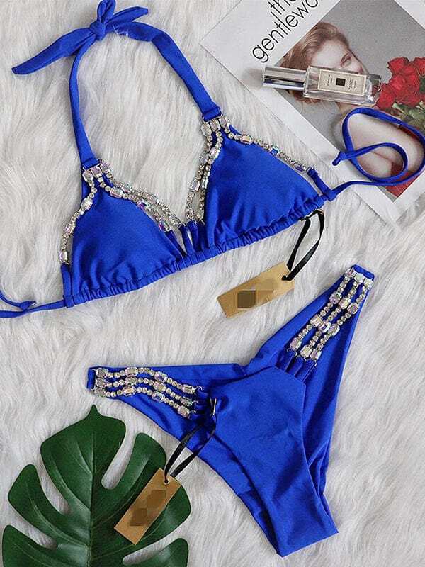 Designer Luxury Royal Blue w/ Rhinestone Triangle Top & Cheeky Bottom Set