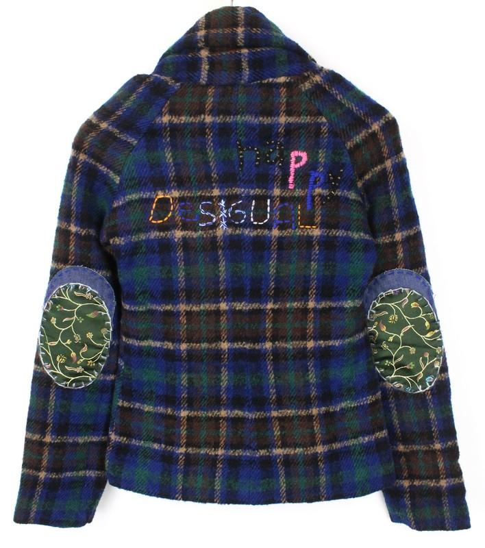 DESIGUAL Mula Women's Coat EU38 Blue Check Wool Blend Detail Embroidered
