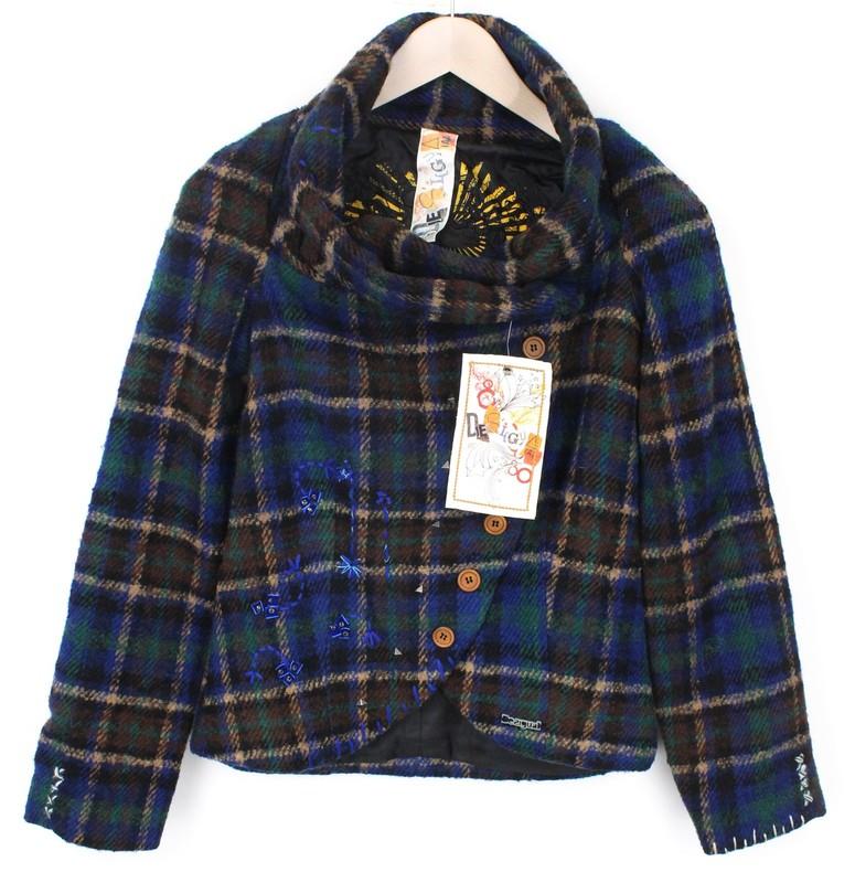 DESIGUAL Mula Women's Coat EU38 Blue Check Wool Blend Detail Embroidered