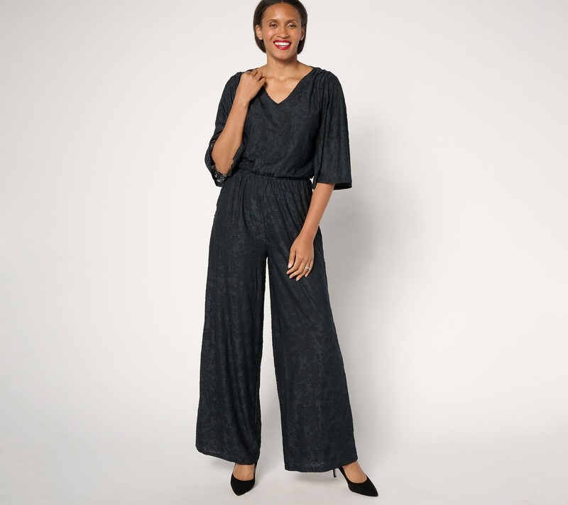 Destination 365 Regular Satin Jacquard Wide Leg Jumpsuit Black S New