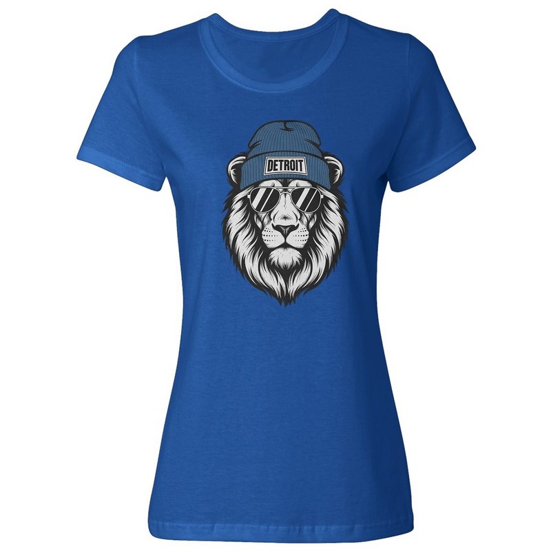 Detroit Fans Inspired -Lion Beanie And Shades Design Ladies' Crewneck T-Shirt