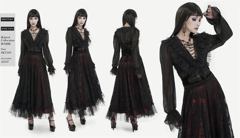 Devil Fashion Women Black Gothic Sexy V-neck Long Sleeve Elegant Ruffle Shirt
