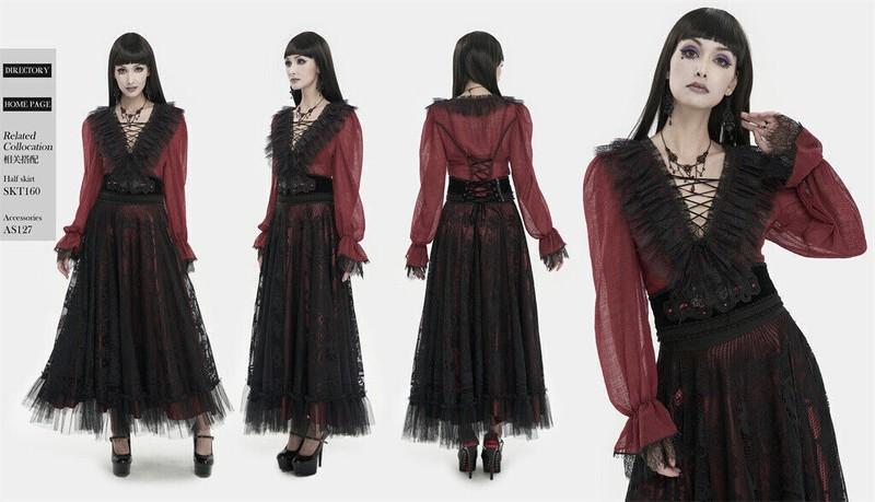 Devil Fashion Women Black Gothic Sexy V-neck Long Sleeve Elegant Ruffle Shirt