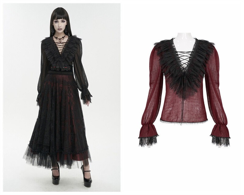 Devil Fashion Women Black Gothic Sexy V-neck Long Sleeve Elegant Ruffle Shirt
