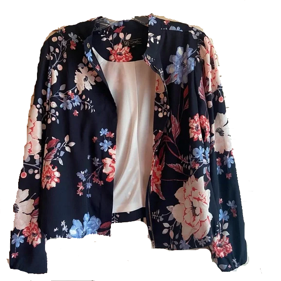 DG2 by Diane Gilman Floral Printed Lightweight Bomber Jacket NAVY 2X