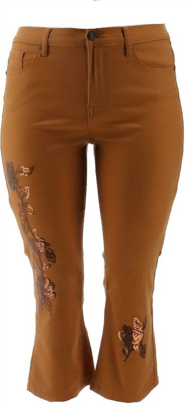 DG2 Diane Gilman Floral Sequin Cropped Boot-Cut Jean Pants In Camel / Purple
