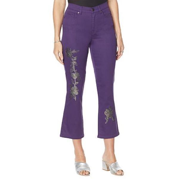 DG2 Diane Gilman Floral Sequin Cropped Boot-Cut Jean Pants in Camel / Purple