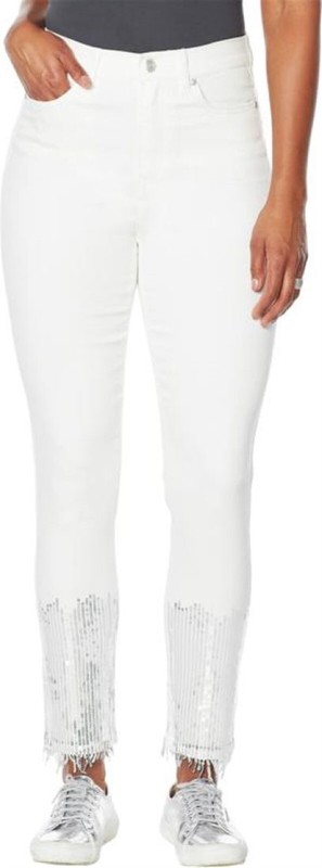 DG2 Diane Gilman Stretch Sequin Fringe-Hem Skinny WHITE 4P NEW (738)