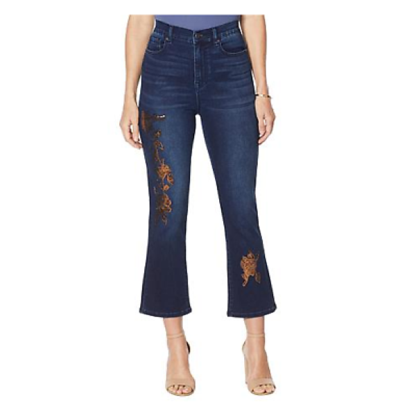 DG2 Diane Gilman Womens Floral Sequin Cropped Boot-Cut Stretch Jean Pants