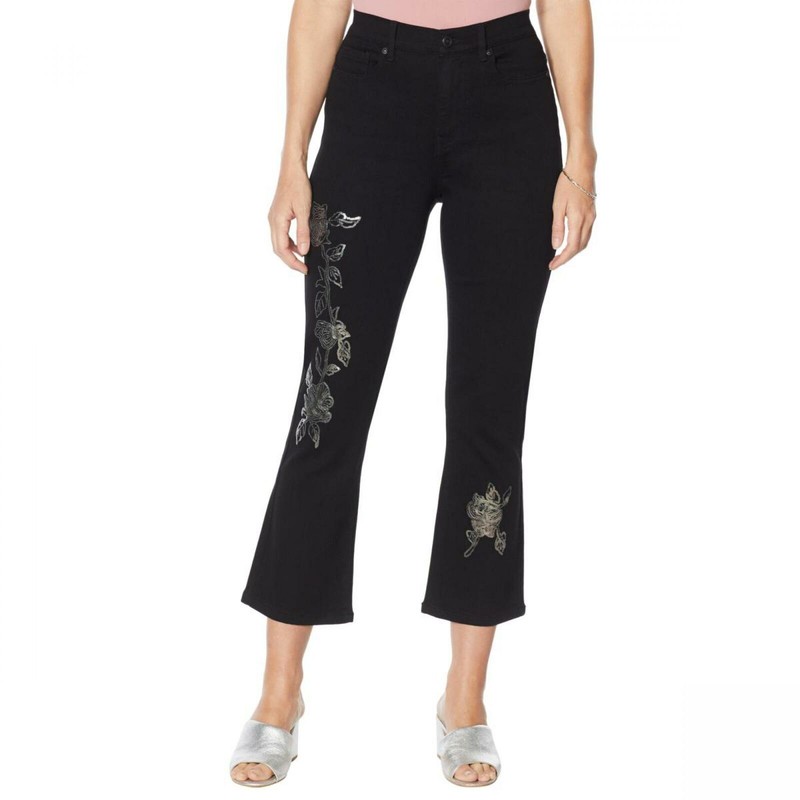 DG2 Diane Gilman Womens Floral Sequin Cropped Boot-Cut Stretch Jean Pants DG2 Diane Gilman Womens Floral Sequin Cropped Boot-Cut Stretch Jean Pants